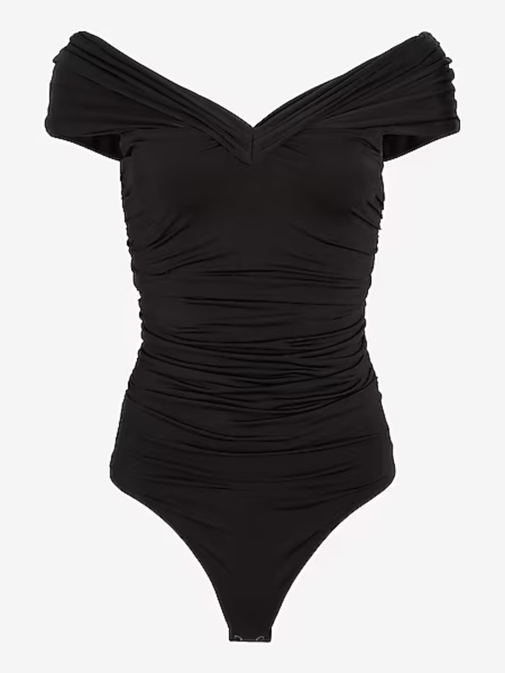Express Body Contour Compression Silky Off Shoulder Ruched Bodysuit small black - Picture 5 of 9